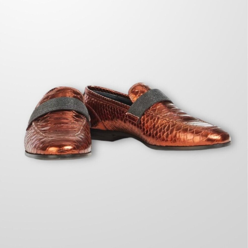Brunello Cucinelli Python Shoes Metallic Moccasins Flats Monili 37 7